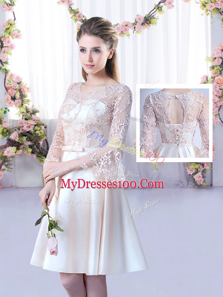 Graceful Champagne A-line Satin Scoop 3 4 Length Sleeve Lace and Belt Mini Length Lace Up Quinceanera Court Dresses