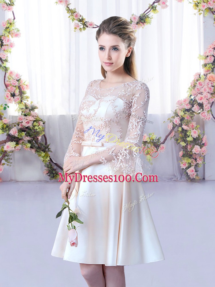 Graceful Champagne A-line Satin Scoop 3 4 Length Sleeve Lace and Belt Mini Length Lace Up Quinceanera Court Dresses