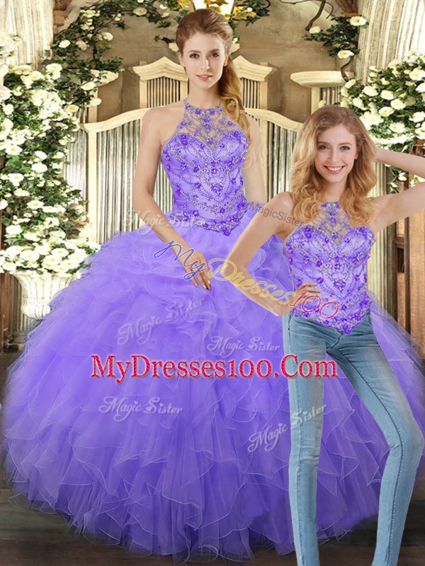 Pretty Lavender Lace Up Sweet 16 Dresses Beading and Ruffles Sleeveless Floor Length