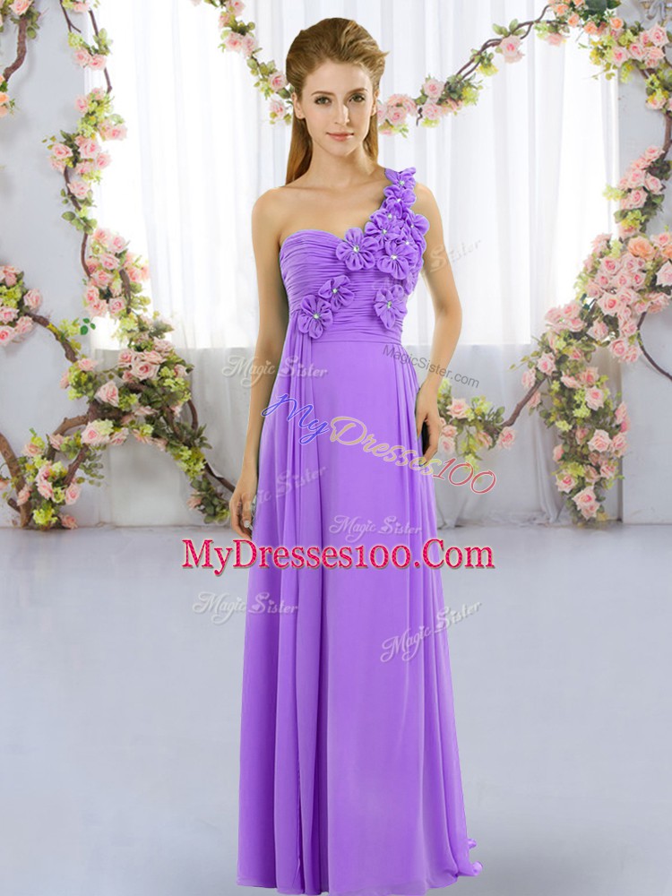 Beautiful One Shoulder Sleeveless Dama Dress for Quinceanera Floor Length Hand Made Flower Lavender