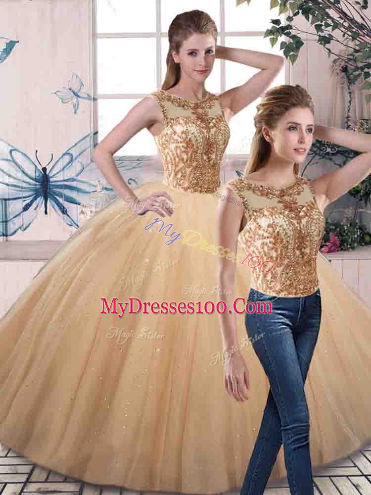 Sleeveless Tulle Floor Length Lace Up 15th Birthday Dress in Gold with Beading