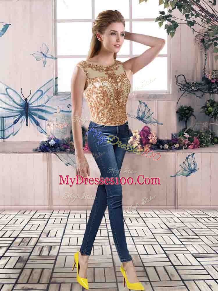 Sleeveless Tulle Floor Length Lace Up 15th Birthday Dress in Gold with Beading