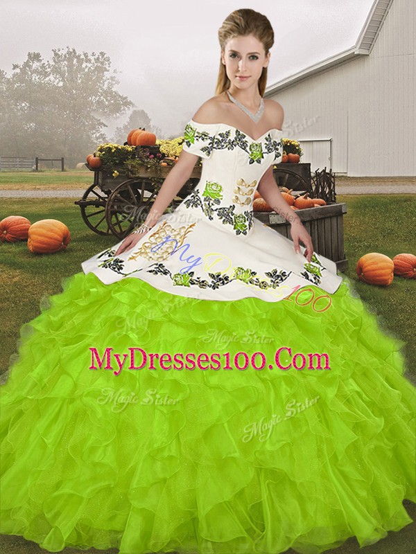 Eye-catching Floor Length Yellow Green Quinceanera Dresses Organza Sleeveless Embroidery and Ruffles