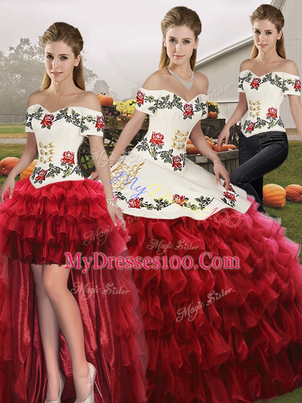 Pretty Wine Red Off The Shoulder Neckline Embroidery and Ruffled Layers Sweet 16 Quinceanera Dress Sleeveless Lace Up