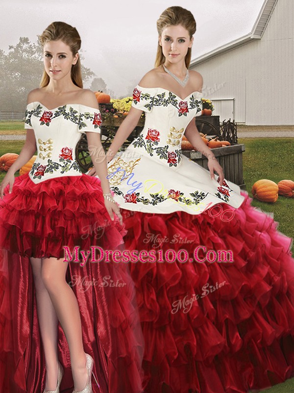 Pretty Wine Red Off The Shoulder Neckline Embroidery and Ruffled Layers Sweet 16 Quinceanera Dress Sleeveless Lace Up