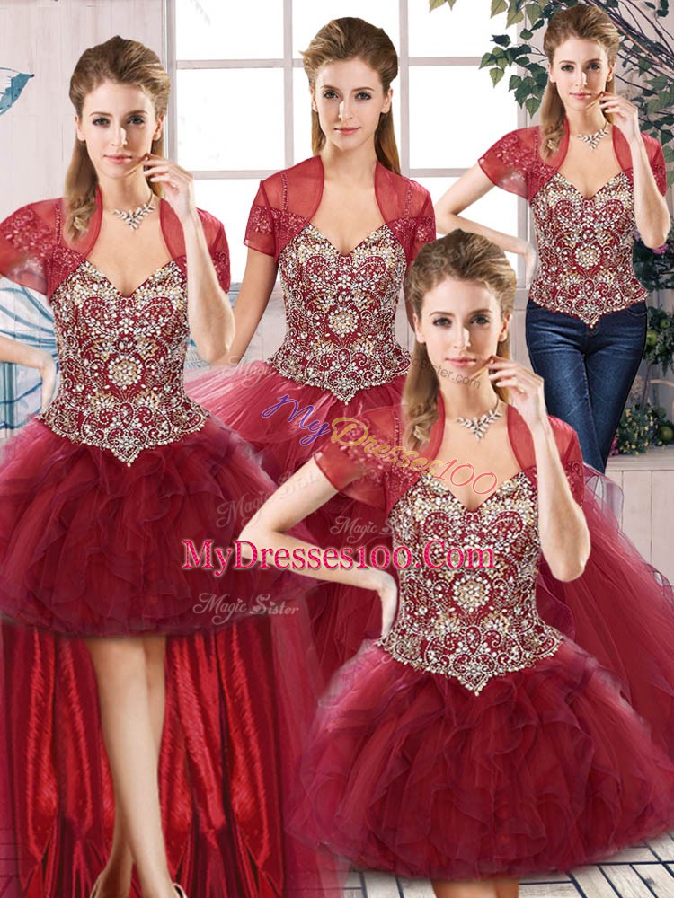 Dazzling Floor Length Burgundy Vestidos de Quinceanera Tulle Sleeveless Beading and Ruffles