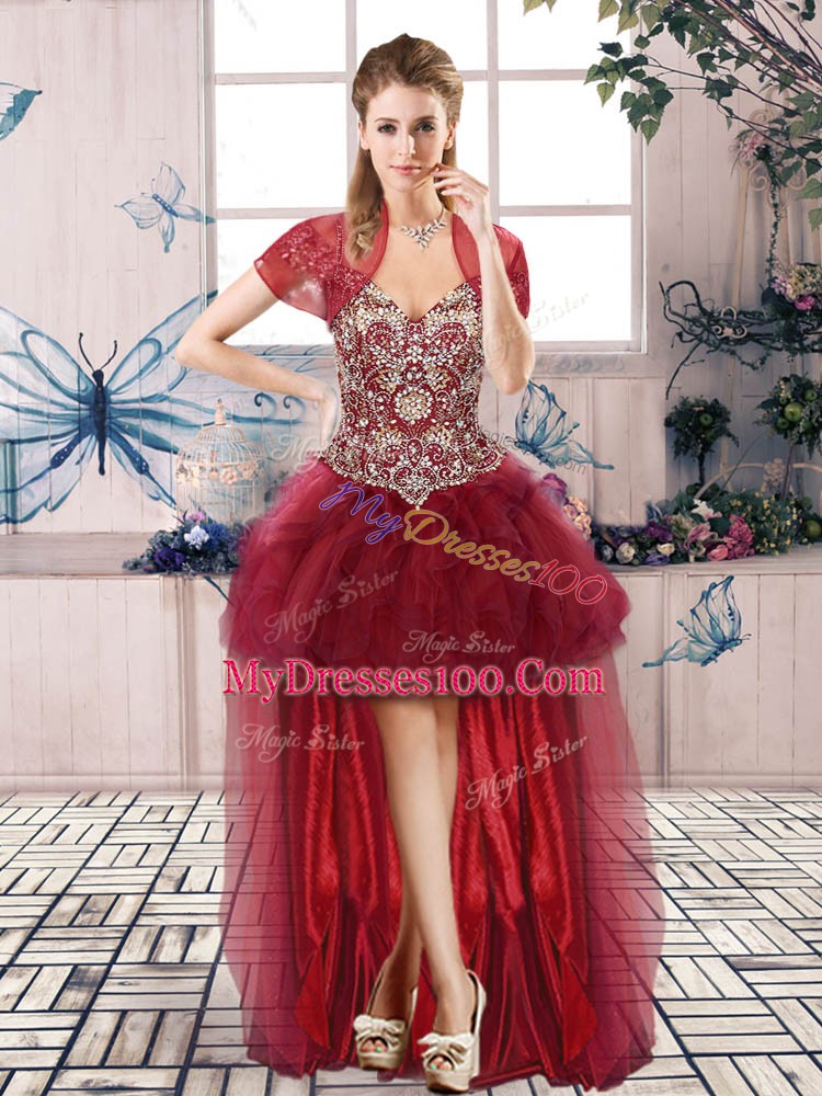 Dazzling Floor Length Burgundy Vestidos de Quinceanera Tulle Sleeveless Beading and Ruffles