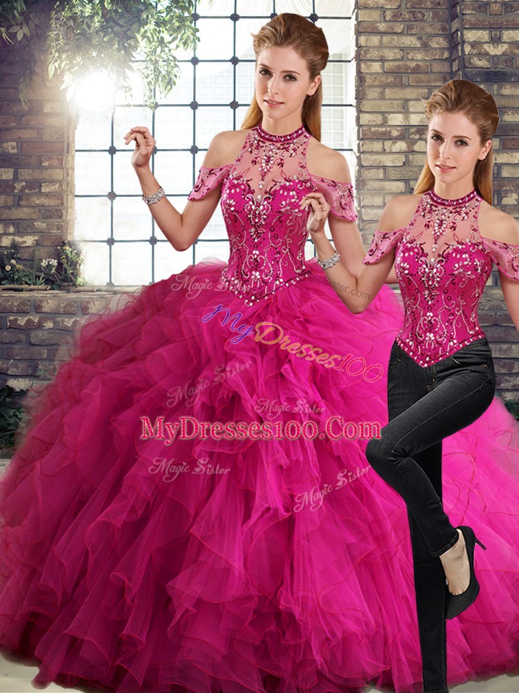 Sleeveless Floor Length Beading and Ruffles Lace Up 15th Birthday Dress with Fuchsia