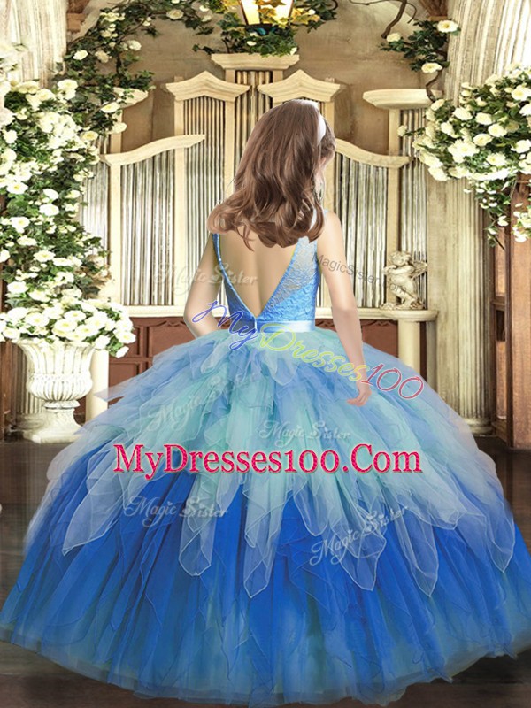 Fancy Floor Length Multi-color Little Girls Pageant Dress Wholesale Scoop Sleeveless Lace Up