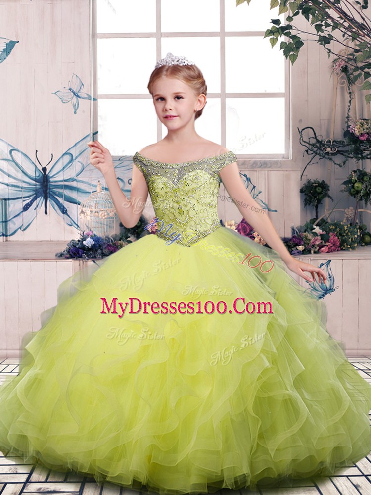 Beading Little Girl Pageant Gowns Yellow Green Side Zipper Sleeveless Floor Length