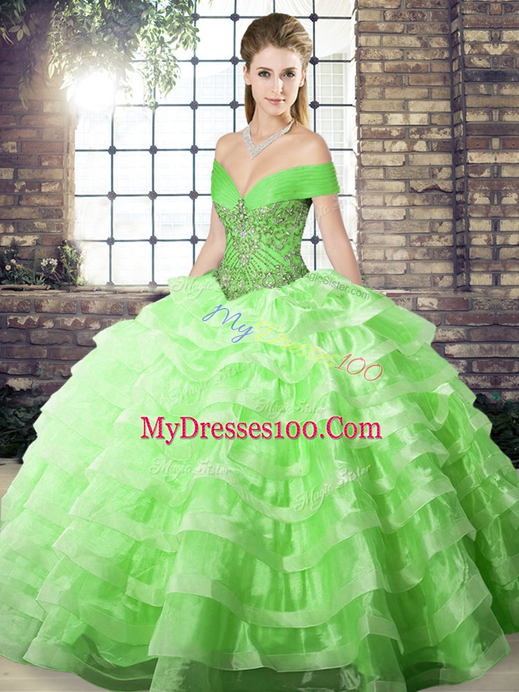 Ball Gowns Beading and Ruffled Layers Ball Gown Prom Dress Lace Up Organza Sleeveless