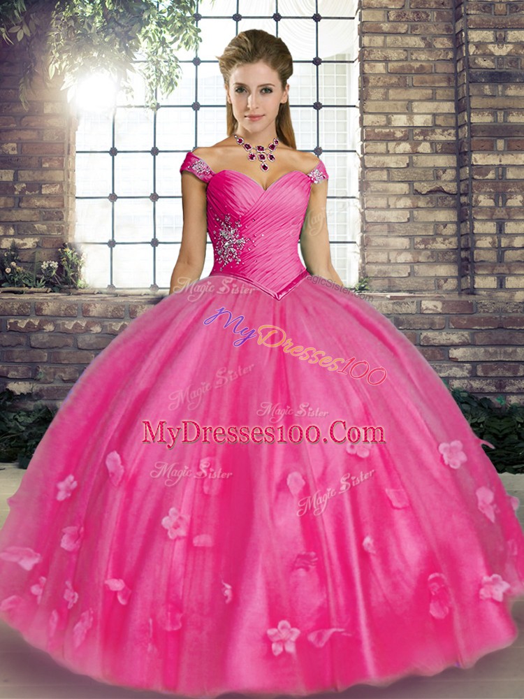 Off The Shoulder Sleeveless Sweet 16 Dress Floor Length Beading and Appliques Hot Pink Tulle