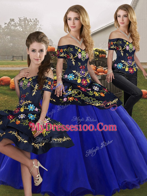 Off The Shoulder Sleeveless Lace Up Quince Ball Gowns Royal Blue Tulle