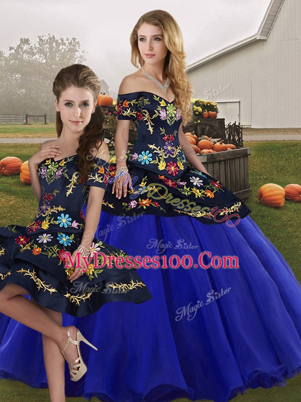 Off The Shoulder Sleeveless Lace Up Quince Ball Gowns Royal Blue Tulle