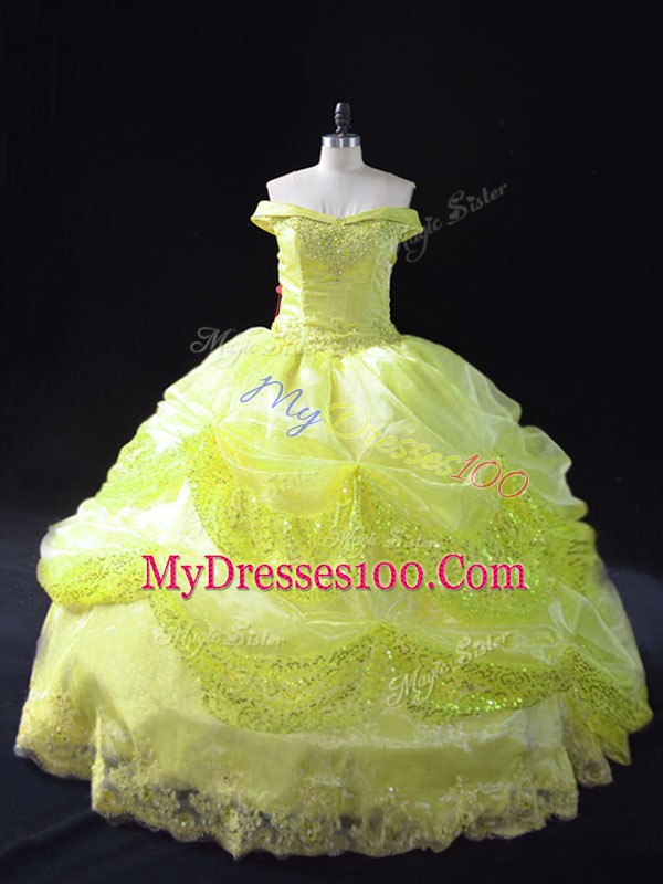 Yellow Green Off The Shoulder Neckline Lace and Sequins Quinceanera Dresses Sleeveless Lace Up