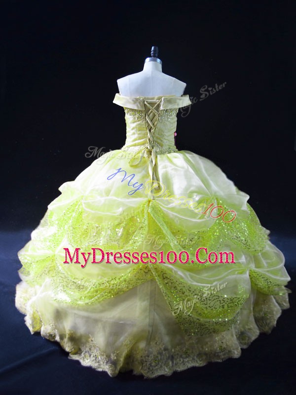 Yellow Green Off The Shoulder Neckline Lace and Sequins Quinceanera Dresses Sleeveless Lace Up