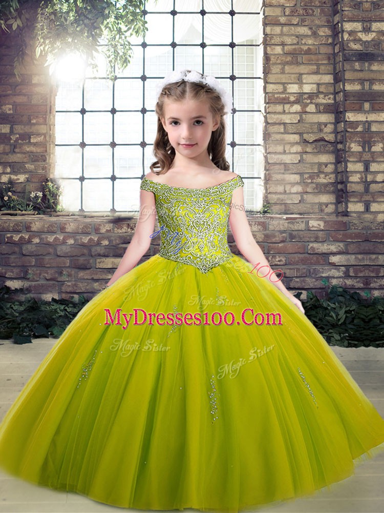 High Class Sleeveless Tulle Floor Length Lace Up Little Girl Pageant Gowns in Olive Green with Beading and Appliques