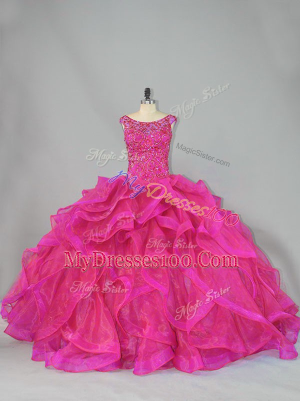 Best Scoop Sleeveless Brush Train Lace Up Quinceanera Gowns Hot Pink Organza