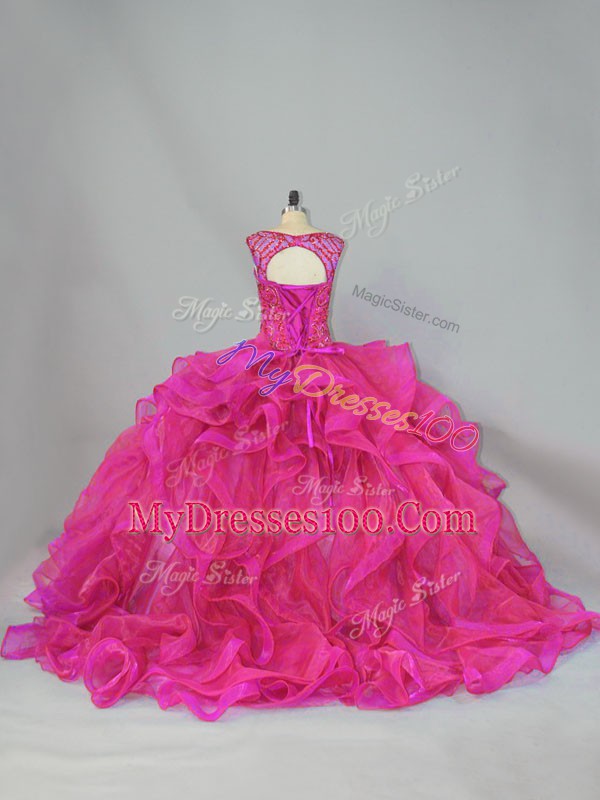 Best Scoop Sleeveless Brush Train Lace Up Quinceanera Gowns Hot Pink Organza
