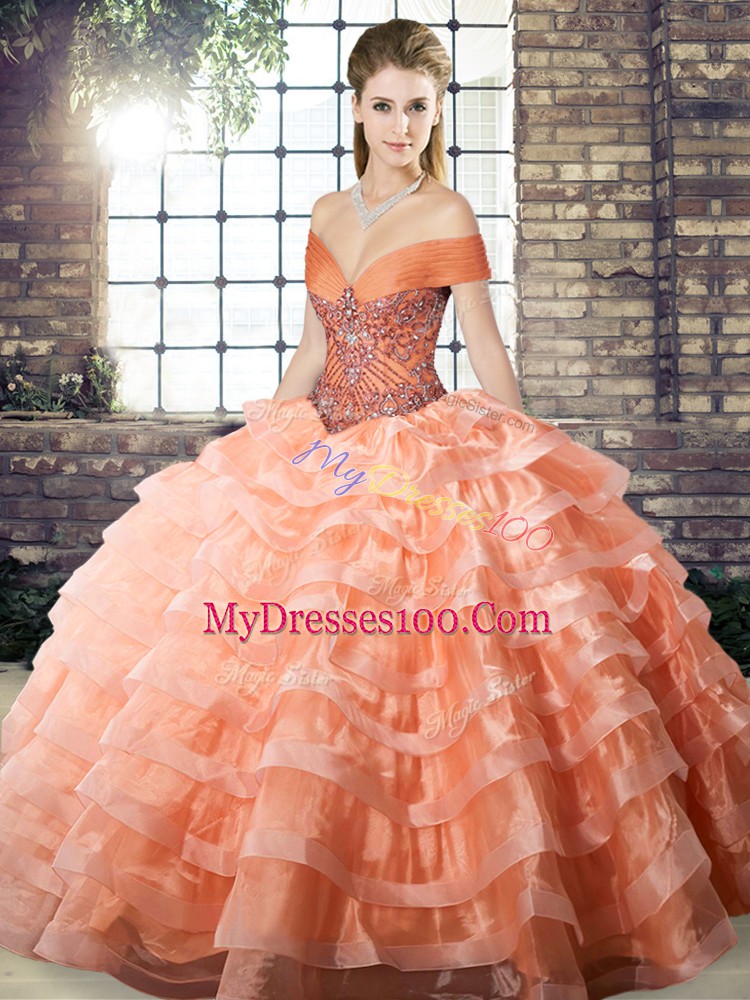 Organza Sleeveless Quinceanera Dress Brush Train and Beading and Ruffled Layers