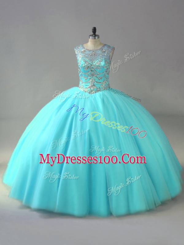 Organza Scoop Sleeveless Lace Up Beading Quinceanera Dress in Aqua Blue