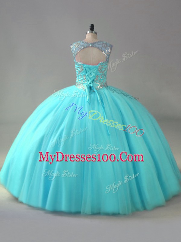 Organza Scoop Sleeveless Lace Up Beading Quinceanera Dress in Aqua Blue