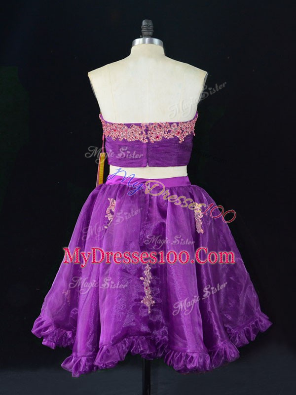 Mini Length Zipper Prom Party Dress Eggplant Purple for Prom and Party with Appliques and Ruffles