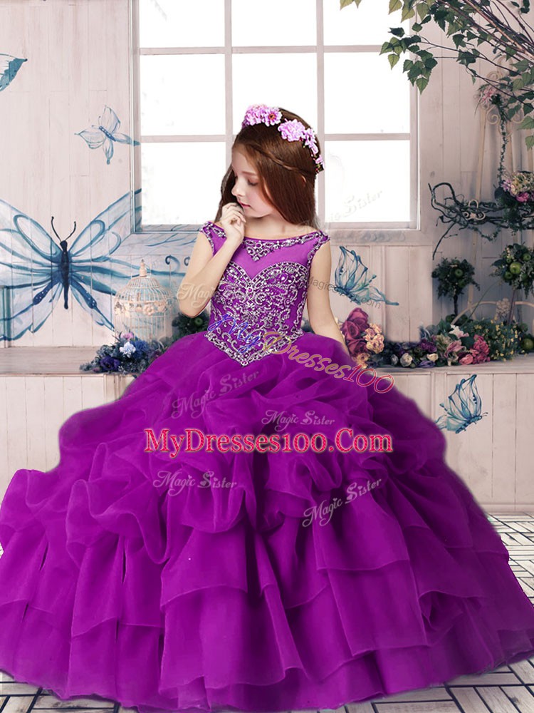 Classical Scoop Sleeveless Little Girl Pageant Gowns Floor Length Beading and Pick Ups Purple Organza