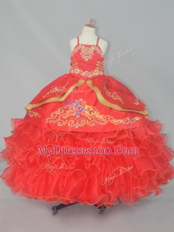 Super Red Lace Up Straps Embroidery and Ruffled Layers Little Girls Pageant Gowns Organza Sleeveless