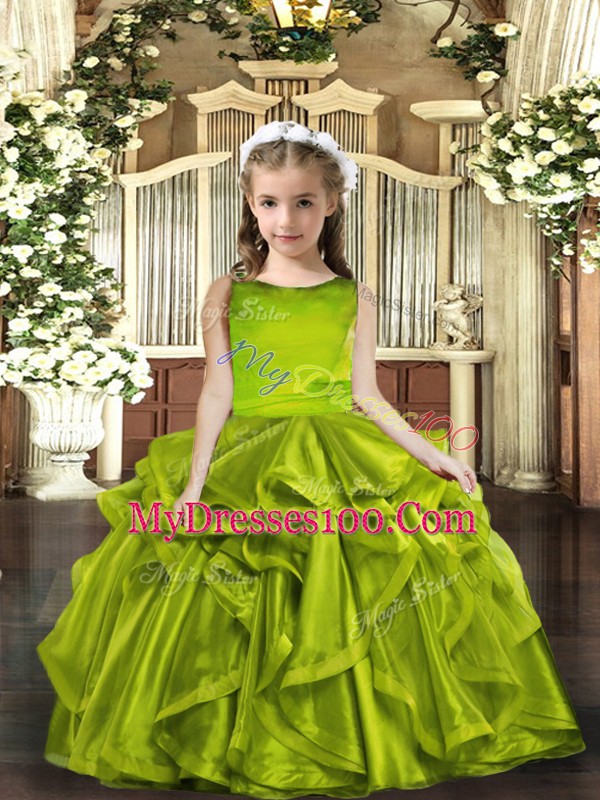 Charming Olive Green Sleeveless Organza Lace Up Kids Pageant Dress for Party and Wedding Party