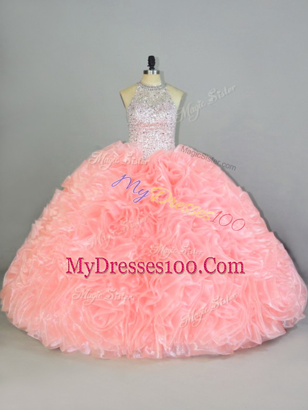 Pretty Peach Ball Gowns Halter Top Sleeveless Organza Lace Up Beading and Ruffles Quinceanera Dresses