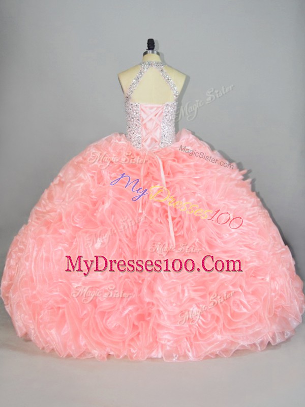 Pretty Peach Ball Gowns Halter Top Sleeveless Organza Lace Up Beading and Ruffles Quinceanera Dresses