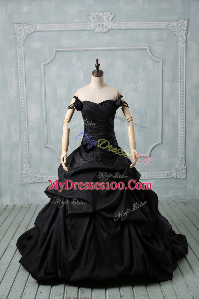 Dazzling Off The Shoulder Sleeveless Brush Train Lace Up Sweet 16 Dresses Black Taffeta