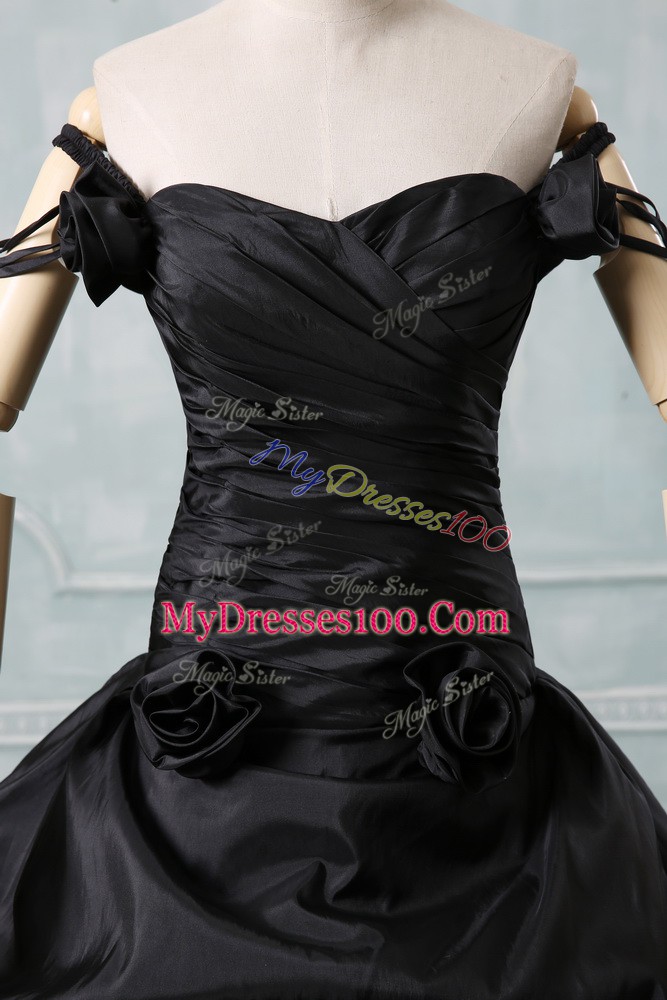 Dazzling Off The Shoulder Sleeveless Brush Train Lace Up Sweet 16 Dresses Black Taffeta