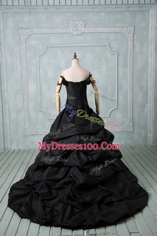Dazzling Off The Shoulder Sleeveless Brush Train Lace Up Sweet 16 Dresses Black Taffeta
