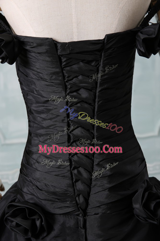 Dazzling Off The Shoulder Sleeveless Brush Train Lace Up Sweet 16 Dresses Black Taffeta