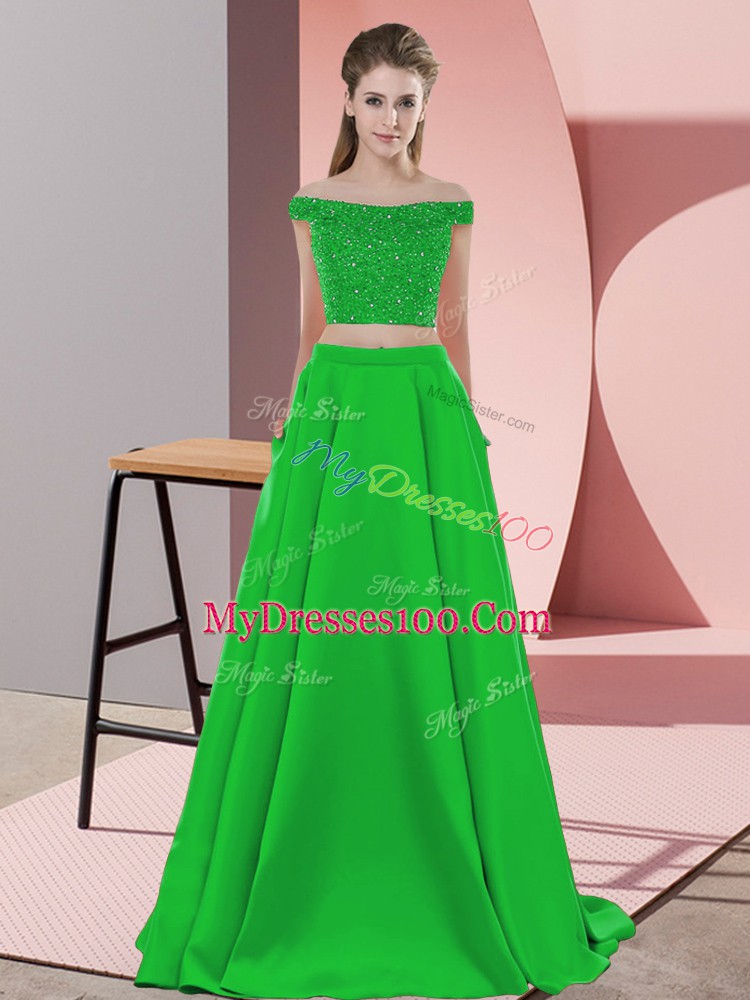 Charming Green Prom Gown Prom and Party with Beading Off The Shoulder Sleeveless Sweep Train Backless