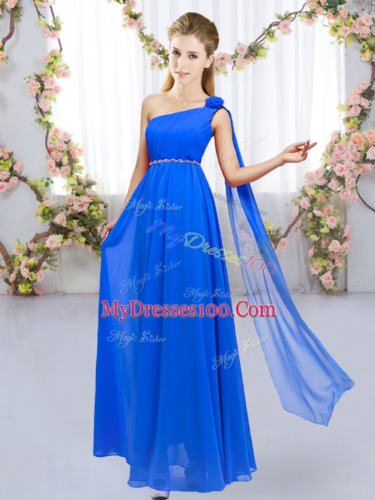 Floor Length Lace Up Vestidos de Damas Royal Blue for Wedding Party with Beading and Hand Made Flower