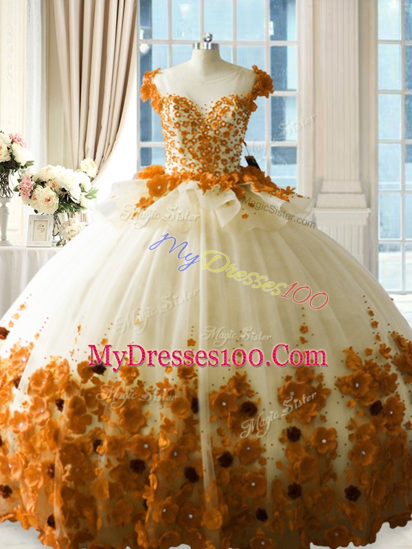 Brown Scoop Neckline Hand Made Flower Bridesmaid Gown Zipper