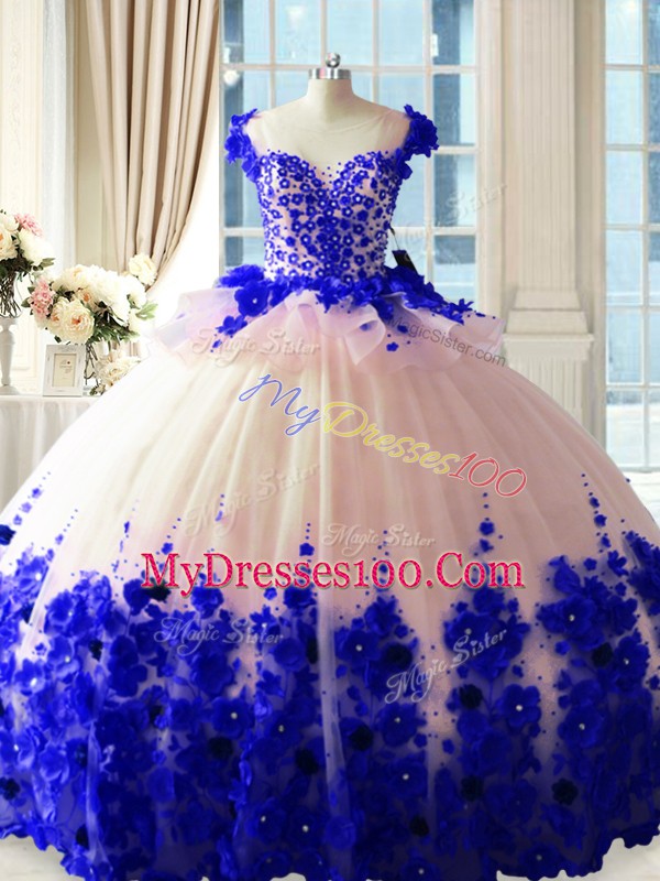 Graceful Blue And White Sweet 16 Dresses Satin and Organza Brush Train Sleeveless Hand Made Flower