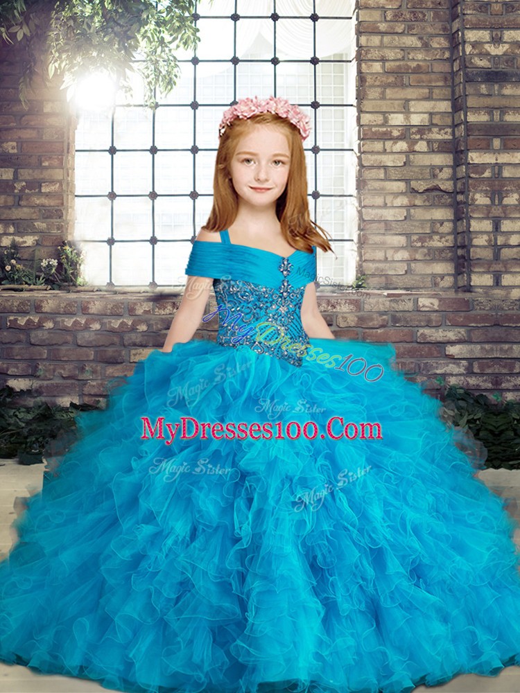 Most Popular Baby Blue Pageant Gowns For Girls Party and Wedding Party with Beading and Ruffles Straps Sleeveless Lace Up