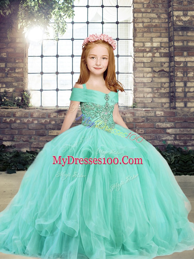 Custom Fit Straps Sleeveless Tulle Pageant Dress for Teens Beading Lace Up