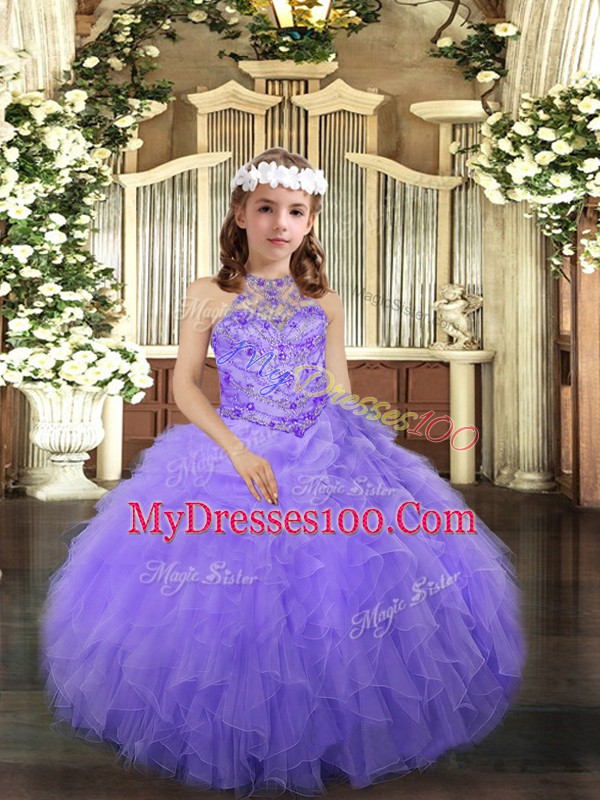 Lavender Tulle Lace Up Little Girls Pageant Dress Sleeveless Floor Length Beading and Ruffles