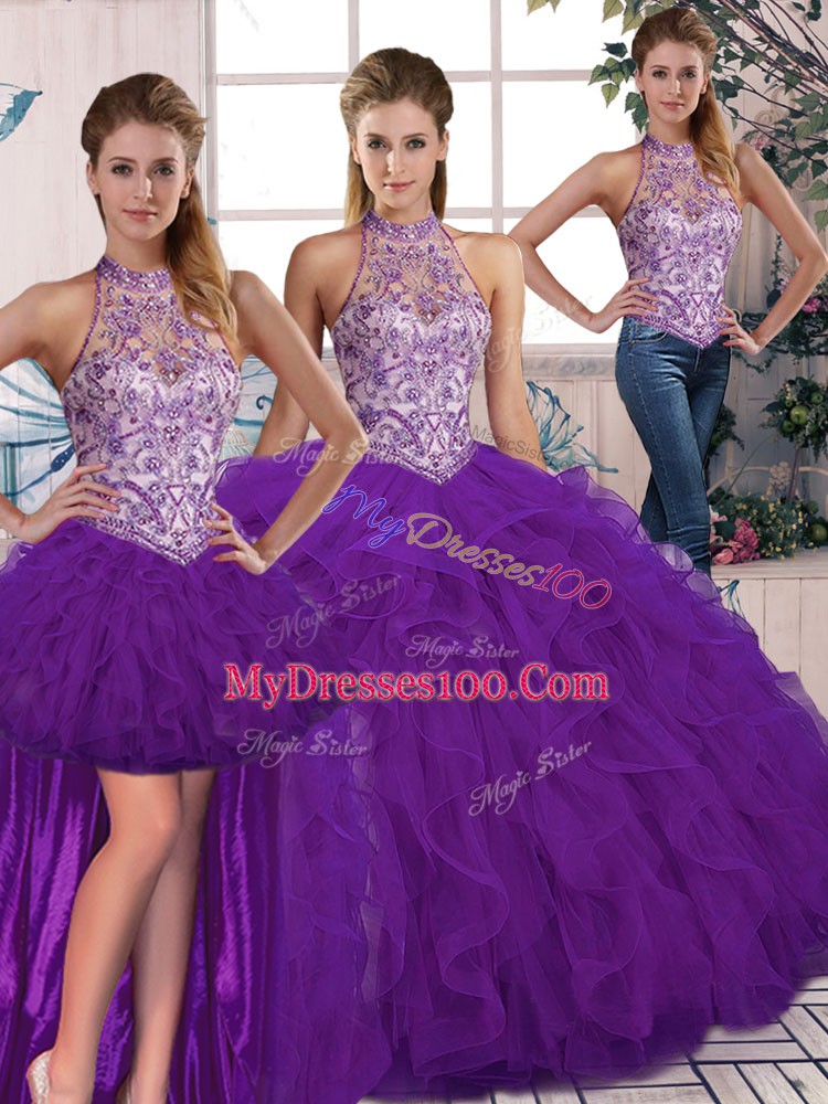 Floor Length Purple Sweet 16 Dress Halter Top Sleeveless Lace Up