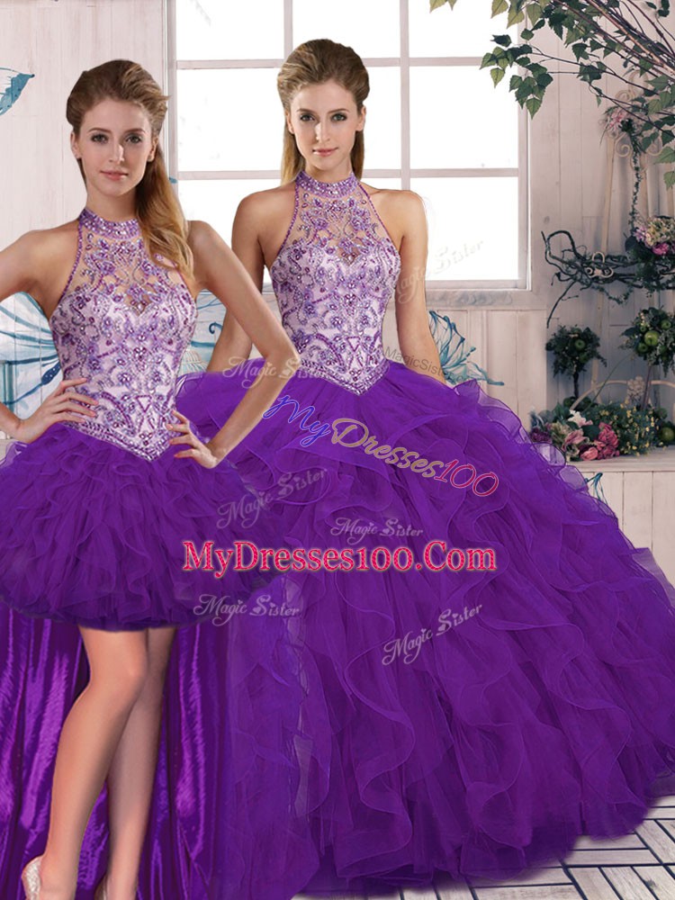 Floor Length Purple Sweet 16 Dress Halter Top Sleeveless Lace Up