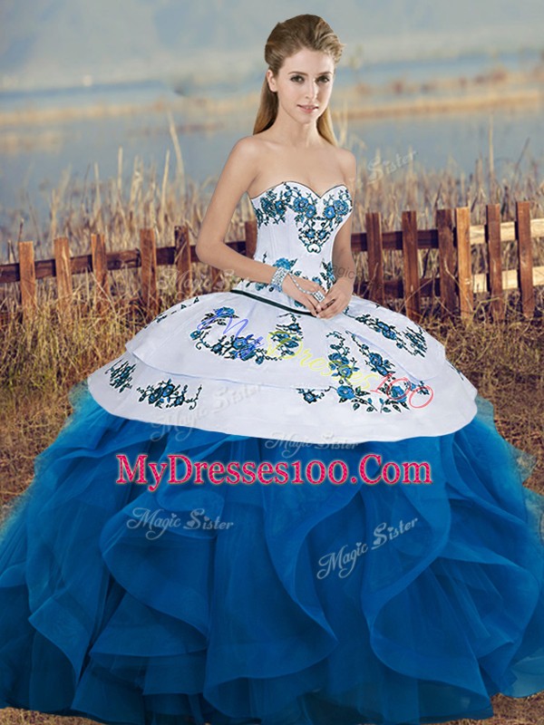 Blue And White Ball Gowns Sweetheart Sleeveless Tulle Floor Length Lace Up Embroidery and Ruffles and Bowknot Quince Ball Gowns