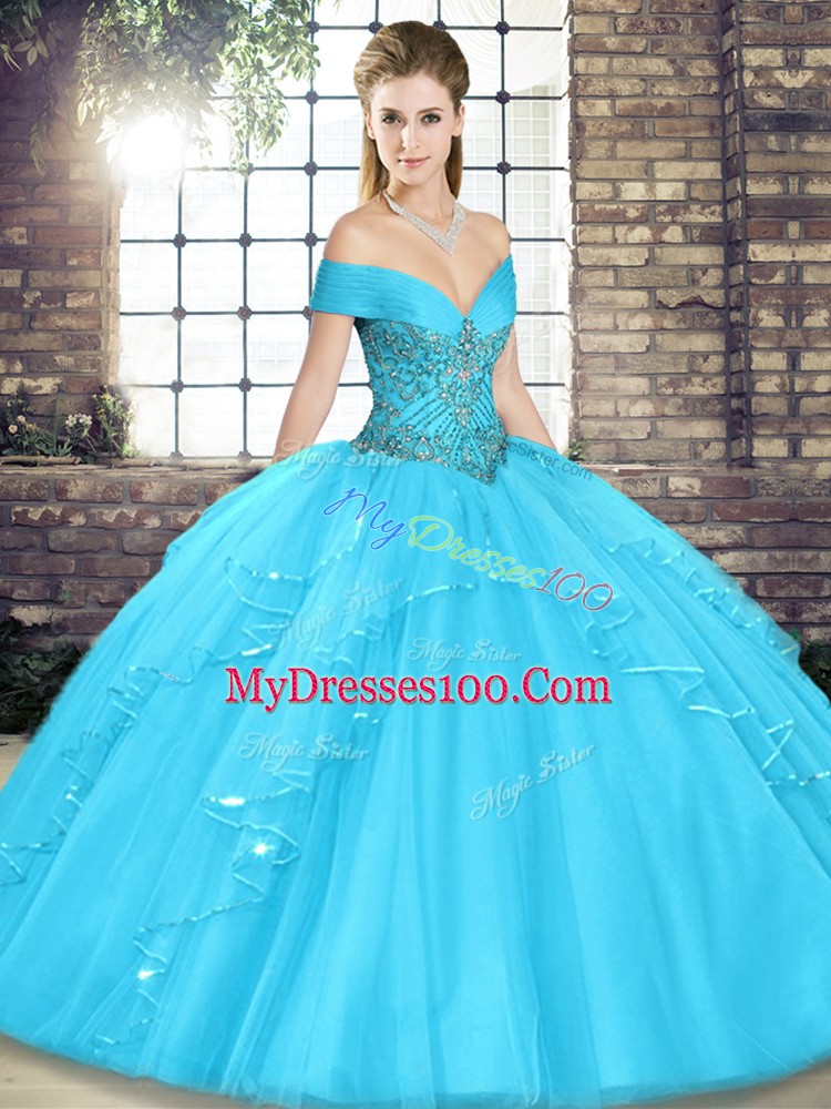 Aqua Blue Tulle Lace Up Off The Shoulder Sleeveless Floor Length Quince Ball Gowns Beading and Ruffles
