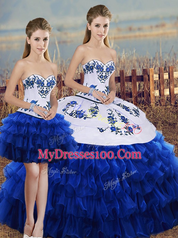 Royal Blue Lace Up Sweetheart Embroidery and Ruffled Layers and Bowknot Sweet 16 Dress Organza Sleeveless