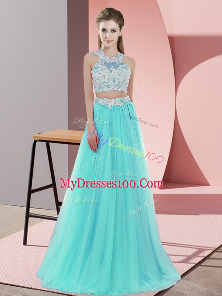 Sweet Aqua Blue Two Pieces Tulle Halter Top Sleeveless Lace Floor Length Zipper Court Dresses for Sweet 16