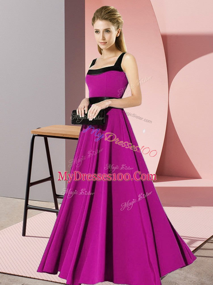 Comfortable Sleeveless Chiffon Floor Length Zipper Quinceanera Dama Dress in Fuchsia with Belt